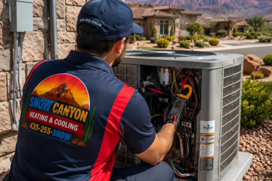 Snow Canyon HVAC Technician Repairing a Heat Pump.