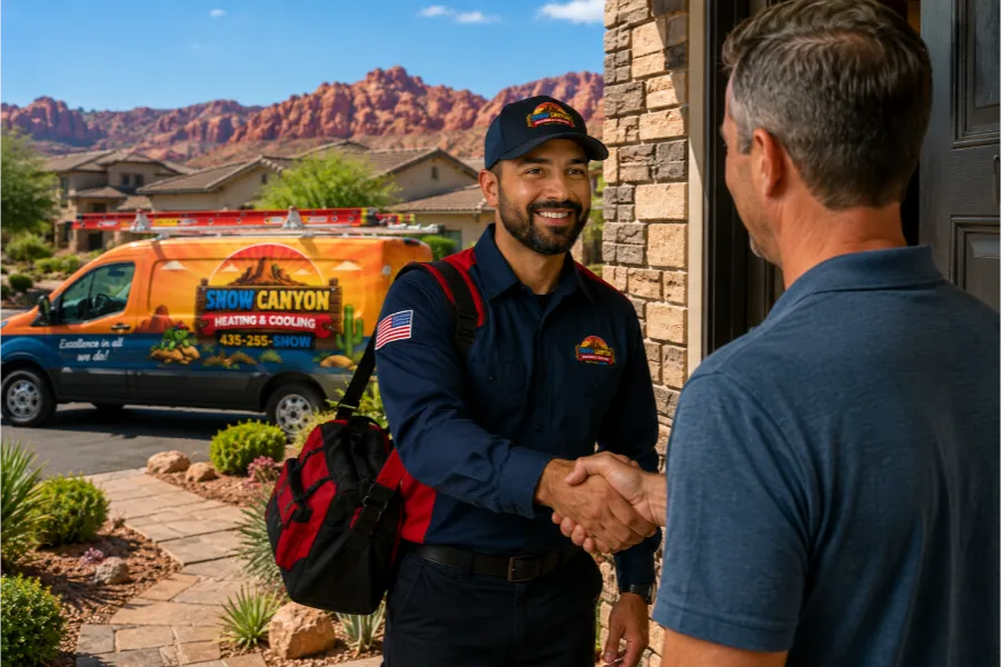 Friendly Snow Canyon HVAC technician greeting client at door.