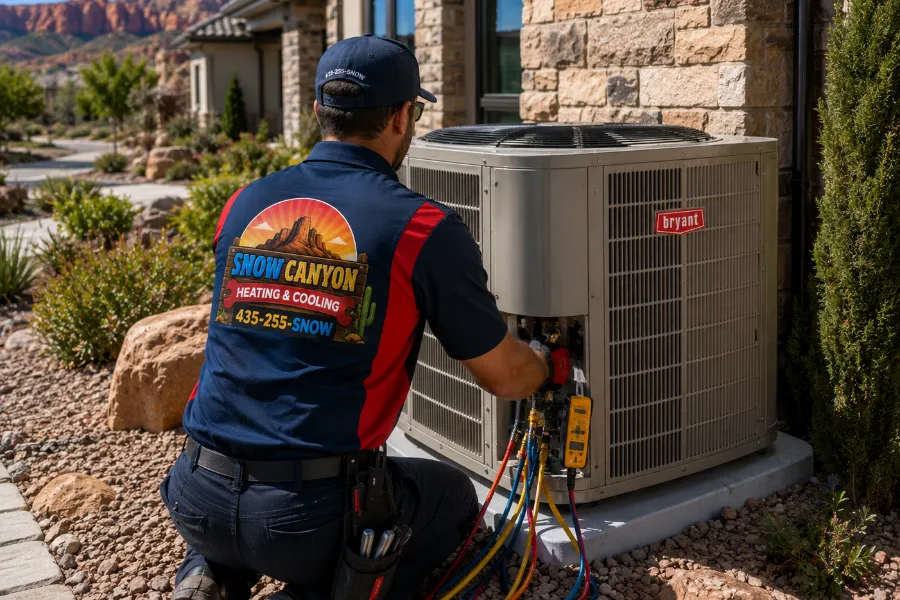 Snow Canyon HVAC Technician Inspecting a Heat Pump.
